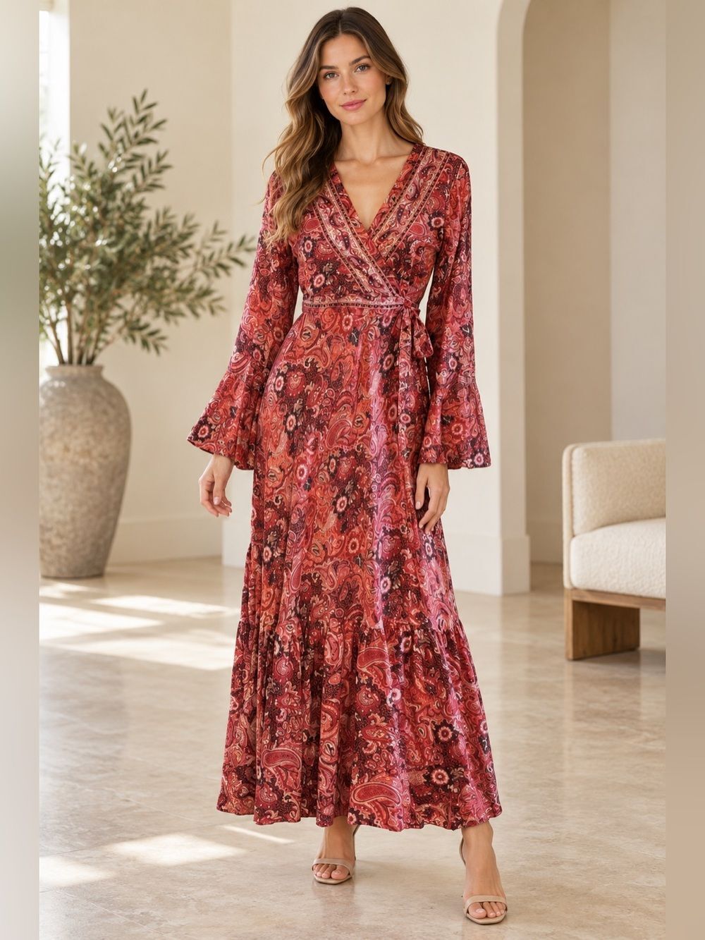 Womens Red Black White Paisley Pattern Long Sleeve Silk Wrap Dress 4 Small